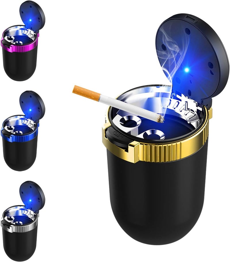 Wevdn Car Ashtray with Lid, Detachable Stainless Smokeless Auto Ashtray with LED Blue Light, Portable Mini Trash Can for Cup Holder, Universal Vehicle Interior Accessories (Golden) - Image 1